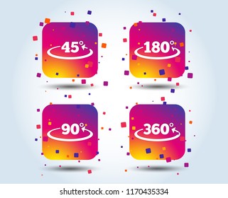 Angle 45-360 degrees icons. Geometry math signs symbols. Full complete rotation arrow. Colour gradient square buttons. Flat design concept. Vector