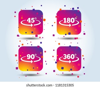 Angle 45-360 degrees icons. Geometry math signs symbols. Full complete rotation arrow. Colour gradient square buttons. Flat design concept. Vector