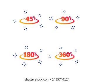 Angle 45-360 degrees icons. Geometry math signs symbols. Full complete rotation arrow. Random dynamic shapes. Gradient degree icon. Vector