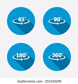 Angle 45-360 degrees icons. Geometry math signs symbols. Full complete rotation arrow. Circle concept web buttons. Vector