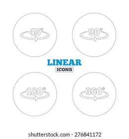 Angle 45-360 degrees icons. Geometry math signs symbols. Full complete rotation arrow. Linear outline web icons. Vector