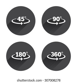 Angle 45-360 degrees icons. Geometry math signs symbols. Full complete rotation arrow. Circles buttons with long flat shadow. Vector
