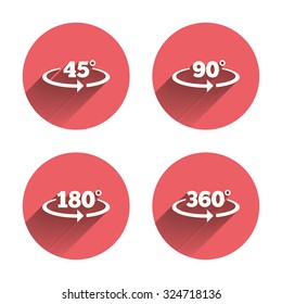 Angle 45-360 degrees icons. Geometry math signs symbols. Full complete rotation arrow. Pink circles flat buttons with shadow. Vector