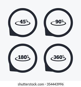 Angle 45-360 degrees icons. Geometry math signs symbols. Full complete rotation arrow. Flat icon pointers.