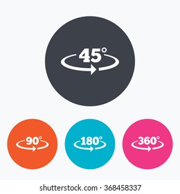 Angle 45-360 degrees icons. Geometry math signs symbols. Full complete rotation arrow. Circle flat buttons with icon.