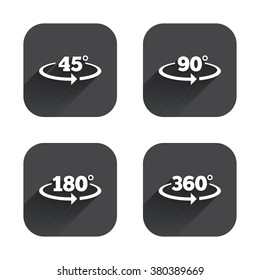 Angle 45-360 degrees icons. Geometry math signs symbols. Full complete rotation arrow. Square flat buttons with long shadow.