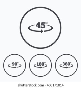 Angle 45-360 degrees icons. Geometry math signs symbols. Full complete rotation arrow. Icons in circles.