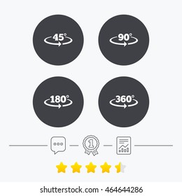 Angle 45-360 degrees icons. Geometry math signs symbols. Full complete rotation arrow. Chat, award medal and report linear icons. Star vote ranking. Vector