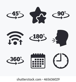 Angle 45-360 degrees icons. Geometry math signs symbols. Full complete rotation arrow. Wifi internet, favorite stars, calendar and clock. Talking head. Vector