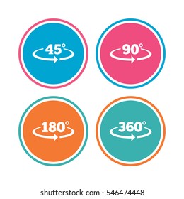 Angle 45-360 degrees icons. Geometry math signs symbols. Full complete rotation arrow. Colored circle buttons. Vector