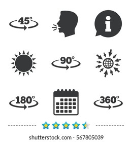 Angle 45-360 degrees icons. Geometry math signs symbols. Full complete rotation arrow. Information, go to web and calendar icons. Sun and loud speak symbol. Vector