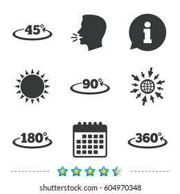 Angle 45-360 degrees icons. Geometry math signs symbols. Full complete rotation arrow. Information, go to web and calendar icons. Sun and loud speak symbol. Vector