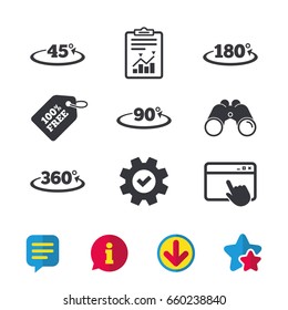 Angle 45-360 degrees icons. Geometry math signs symbols. Full complete rotation arrow. Browser window, Report and Service signs. Binoculars, Information and Download icons. Stars and Chat. Vector