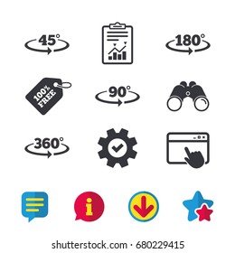 Angle 45-360 degrees icons. Geometry math signs symbols. Full complete rotation arrow. Browser window, Report and Service signs. Binoculars, Information and Download icons. Stars and Chat. Vector