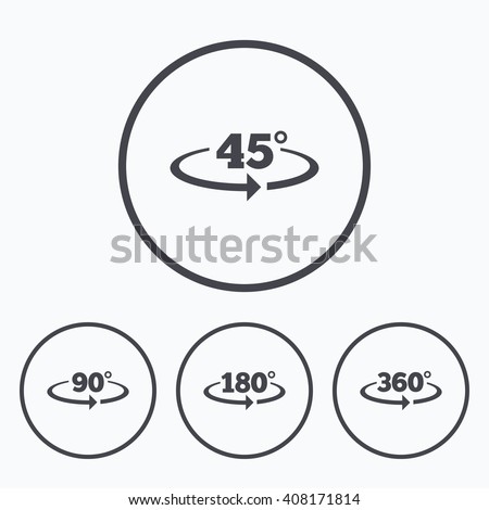 Angle 45-360 degrees icons. Geometry math signs symbols. Full complete rotation arrow. Icons in circles.