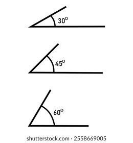  Angle of 60, 45, 30 degrees vector illustration. The symbol of geometry, mathematics. Trigonometry template. Degree of arc and pie chart isolated on transparent background.