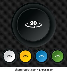 Angle 90 degrees sign icon. Geometry math symbol. Right angle. Round colourful buttons on black texture. Vector