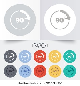 Angle 90 degrees sign icon. Geometry math symbol. Right angle. Round 12 circle buttons. Shadow. Hand cursor pointer. Vector