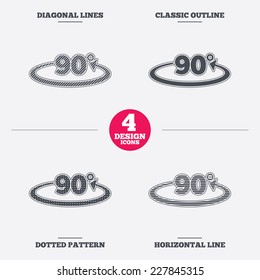 Angle 90 degrees sign icon. Geometry math symbol. Right angle. Diagonal and horizontal lines, classic outline, dotted texture. Pattern design icons.  Vector