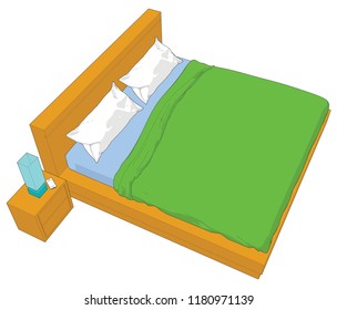 angle birds eye view perspective level Double bed side table lamp mobile phone smartphone white pillow green blanket wood