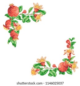 Angle border frame with fresh juice pomegranate fruits in vector graphic illustration