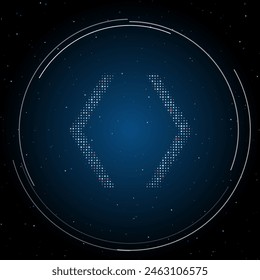 The angle brackets symbol filled with white dots. Pointillism style. Some dots is red. Vector illustration on blue background with stars