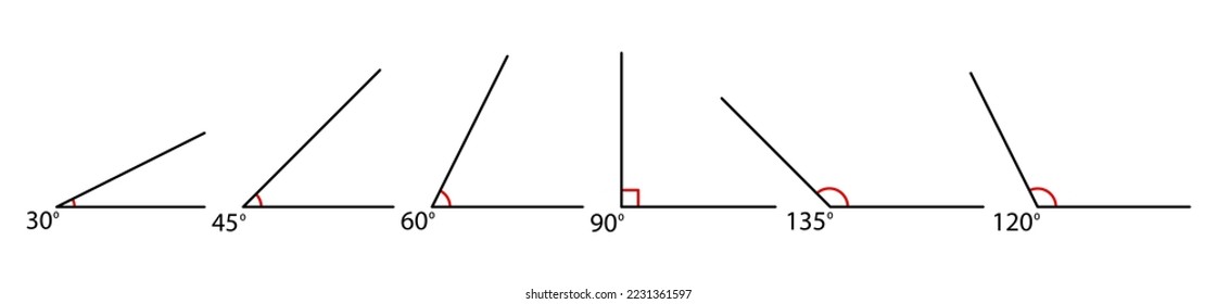 Angle collection. Mathematic 30, 45, 60, 90, 120, 135 corners degree set. Vector isolated on white.