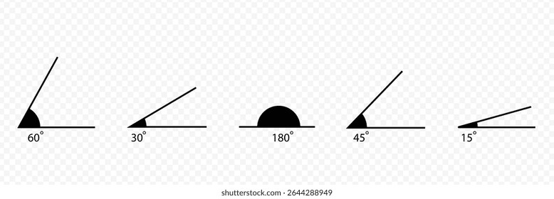 Coleção de ângulos. Matemático 30, 45, 60, 90, 120, 135 graus de cantos definido. Vetor isolado no branco.   EPS 10 