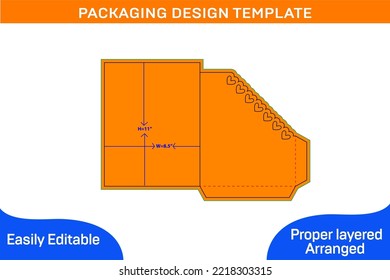 Angle cut with heart shape folder 8.5x11 inch envelope dieline template and vector
