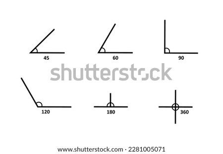 Angle degree. Rotate 360,90,45, 180,120,60 degrees. Measuring the degree of inclination with a protractor.Geometric icon.
Vector illustration