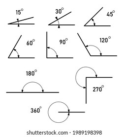 Verschiedene Grade angreifen. Das Symbol der Geometrie, der Mathematik. Satz von Vektorsymbol, bestehend aus Winkeln verschiedener Grade. Vektorgrafik.