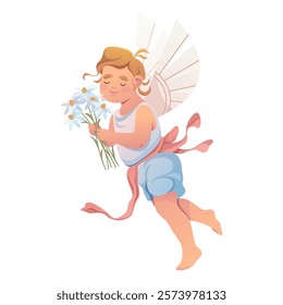 Angle with flowers or vector cupid with chamomile. Greeting card for Valentines day or loving symbol, affection element and cartoon romantic wedding emblem. Romance and marriage, relationship holiday