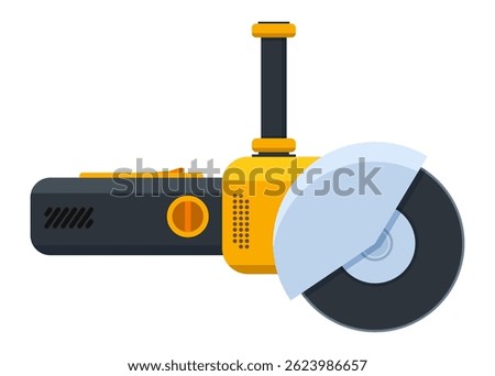 Angle grinder with abrasive disc cutting something, power tool using for metalworking, woodworking and construction, vector illustration isolated on white background