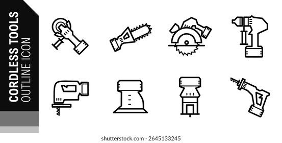 angle grinder, chainsaw, circular saw, drill, jigsaw, orbital sander, router, sabre saw power tools cordless icon set outline black