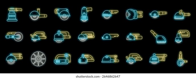 Angle grinder cutting machine power tools icons set vector neon style. Cutting machine and angle grinder, electric tool for construction