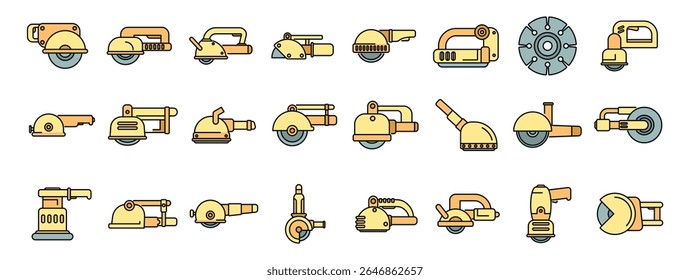 Angle grinder cutting machine power tools icons set featuring various types of grinders for cutting and polishing tasks
