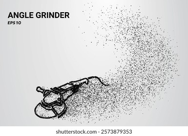 An angle grinder depicted with small circles and dots, with particles swirling around it. Vector illustration.