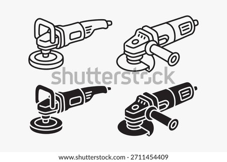 Angle grinder, Disc grinder, Rotary grinder line art icon set. Power grinder, Grinding tool silhouette symbol pack. Workshop, Metalwork, Fabrication, Industrial, Repair, Garage. Vector illustration