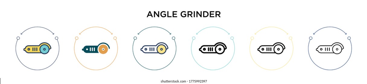 Angle grinder icon in filled, thin line, outline and stroke style. Vector illustration of two colored and black angle grinder vector icons designs can be used for mobile, ui, web