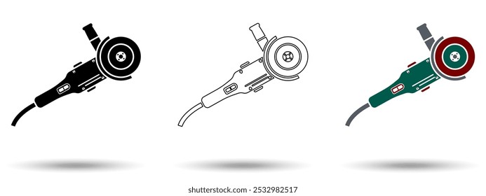 Ícone do rebarbador de ângulo. Ícone de moedor de ângulo em um fundo branco, isolado. O ícone tem três usos em aplicativos e sites. Ilustração vetorial. Ícone de moedor de ângulo em um fundo branco.