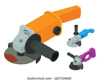 Angle grinder icons set. Isometric set of angle grinder vector icons for web design isolated on white background