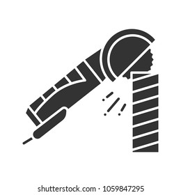 Angle grinder machine polishing wooden plank glyph icon. Silhouette symbol. Negative space. Vector isolated illustration