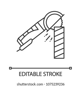 Angle grinder machine polishing wooden plank linear icon. Thin line illustration. Contour symbol. Vector isolated outline drawing. Editable stroke