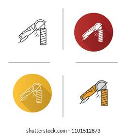 Angle grinder machine polishing wooden plank icon. Flat design, linear and color styles. Isolated vector illustrations