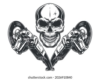 Angle grinder machines and skull in vintage monochrome style isolated vector illustration