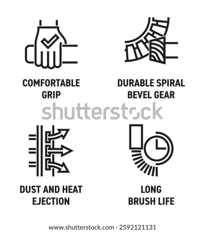 Angle grinder or other electric tool properties icons set - Long brush life, Dust and heat ejection, Durable spiral bevel gear and Comfortable grip. Pictograms for labeling in bold line