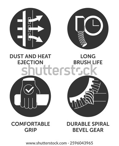 Angle grinder or other electric tool properties icons set - Long brush life, Dust and heat ejection, Durable spiral bevel gear and Comfortable grip. Pictograms for labeling in monochrome style and