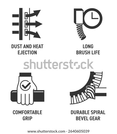 Angle grinder or other electric tool properties icons set - Long brush life, Dust and heat ejection, Durable spiral bevel gear and Comfortable grip. Pictograms for labeling in monochrome style