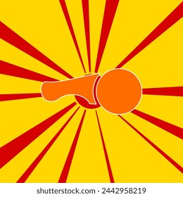 Angle grinder symbol on a background of red flash explosion radial lines. The large orange symbol is located in the center of the sun, symbolizing the sunrise. Vector illustration on yellow background