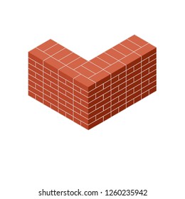 Angle of house. Construction of buildings. Red brick wall in isometric view. The fence and the barrier. Material for home repair.